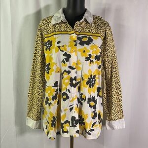 Bob Mackie Yellow Black & White Mixed Print Long Sleeve Button Down Shirt